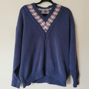 VINTAGE Navy Preppy Academia Sweater with Plaid V-Neck